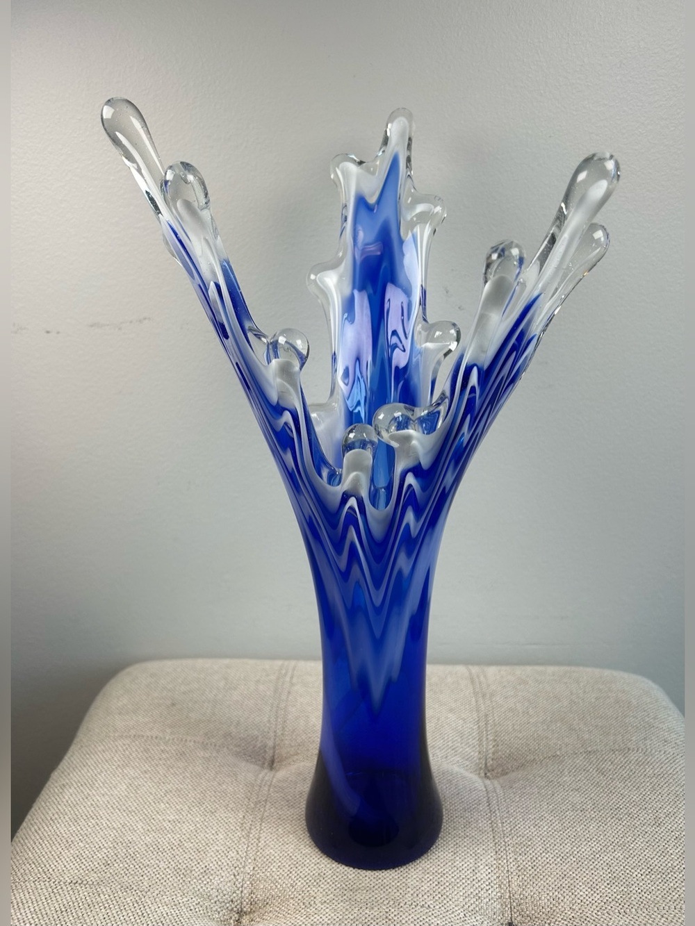 Murano Cobalt Blue & White Splash Vase Vintage 15’ Frozen Leaf Look Great Cond! - Picture 5 of 12